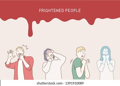 Colored and isolated fear person icon set with men and women are afraid of something and red headline frightened people. Hand drawn style vector design illustrations.