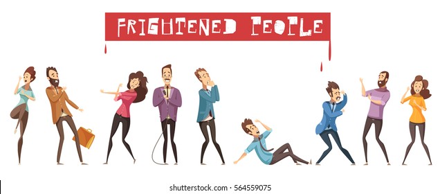 Colored and isolated fear person icon set with men and women are afraid of something and red headline frightened people vector illustration