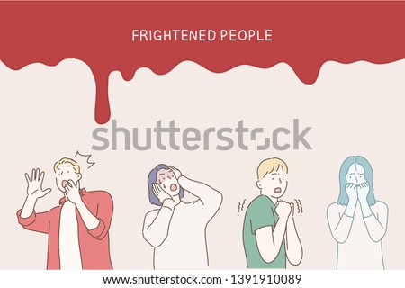 Colored and isolated fear person icon set with men and women are afraid of something and red headline frightened people. Hand drawn style vector design illustrations.