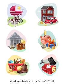 Colored and isolated financial expenses icon set people spend the most money for the needs description vector illustration