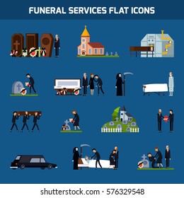 Colored And Isolated Funeral Services Flat Icon Set With Death Figure And Sad People Vector Illustration