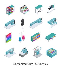 Colored and isolated garment factory isometric icon set machines sewing machines garment manufacturing vector illustration