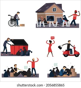 Colored and isolated ghetto slum flat icon set with people living in in bad conditions vector illustration