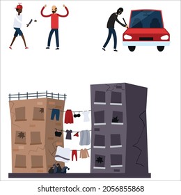 Colored and isolated ghetto slum flat icon set with people living in in bad conditions vector illustration