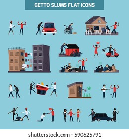 Colored and isolated ghetto slum flat icon set with people living in in bad conditions vector illustration