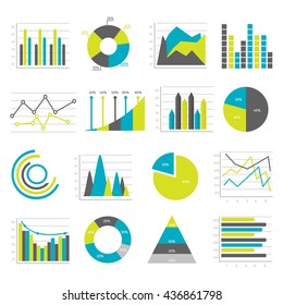 Colored and isolated graphs flat icons set different types of charts and graphs vector illustration