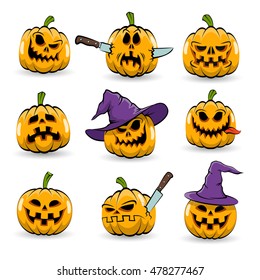 Colored isolated halloween pumpkins with different emotions in witch hat and without. Vector illustration.