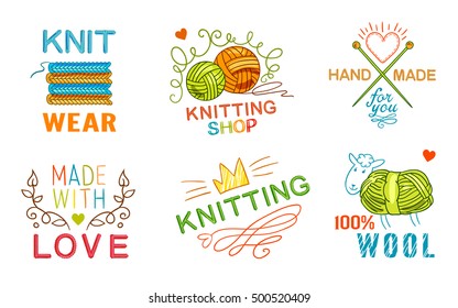 Colored isolated hand made knit logo set with knit wear knitting shop made with love wool descriptions vector illustration
