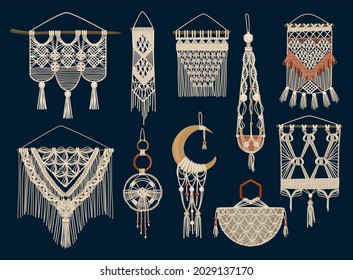 Colored and isolated handcrafted macrame icon set handmade dream catchers home decorations napkins vector illustration