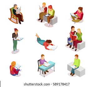 Colored and isolated isometirc reading people icon set with different ages and hobbies women and men vector illustration