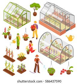 Colored and isolated isometric 3d greenhouse icon set with seedling and care of plants vector illustration svg