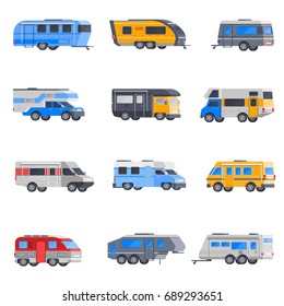 Colored and isolated isometric camping vehicles icon set with trailers and hindcarriages vector illustration
