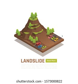 Colored isolated and isometric natural disaster concept with landslide description and button vector illustration