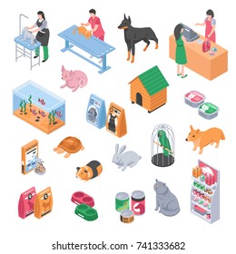 Colored and isolated isometric pet shop veterinary grooming icon set with people at the workplace vector illustration
