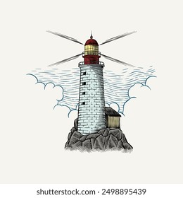 colored isolated lighthouse illustration in engraving style