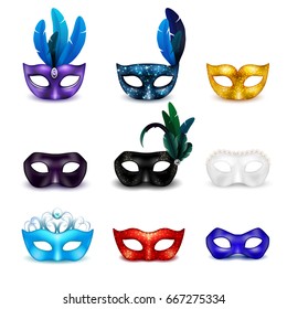 Colored isolated masquerade mask realistic icon set for carnival or theme party vector illustration