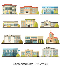 Colored isolated municipal buildings icon set with post office polyclinic college bank library hospital buildings descriptions vector illustration