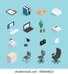 Colored And Isolated Office Supplies Isometric Icon Set With Attributes Furniture For Office Vector Illustration