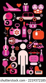 Colored  isolated on a black background silhouette of a man surrounded by random things vector design. Each one of the design element created on a separate layer and can be used as a standalone image.