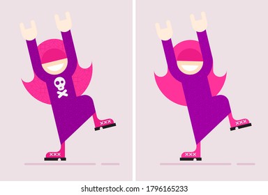 Colorido aislado en un fondo claro Funny Rocker Girl Dancing ilustración vectorial. Sonriente escuchando música, levantó las manos y mostró los cuernos.