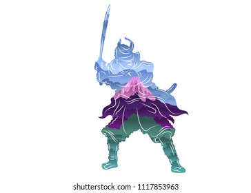 Colored isolated painted single lines of japan samurai Mount Fuji. Gradient carved silhouette. Symbol sign logo of the history of japan. Armor sword landscape volcano. Blue purple green.