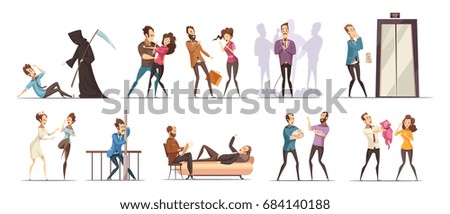 Colored and isolated phobia fear obsession icon set with people meet their fears vector illustration