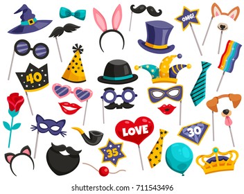 Colored isolated photo booth party icon set scattered mustaches masks hats on white background vector illustration