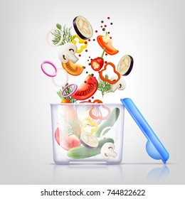 Colored and isolated plastic food containers and vegetables realistic composition with art motion vector illustration