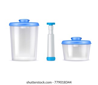 Colored isolated plastic vacuum food containers realistic icon set with blue covers vector illustration