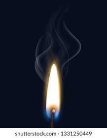 Colored isolated realistic burning flame smoke composition with realistic match flame on black background vector illustration