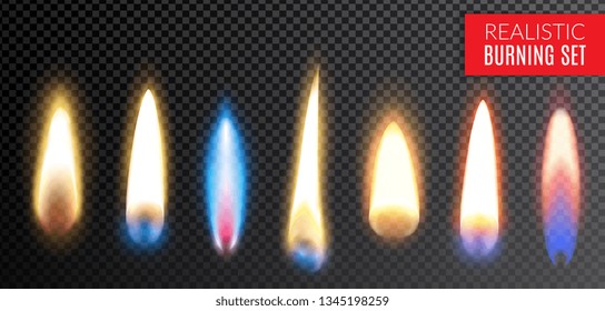 Colored isolated realistic burning transparent icon set with different colors and shapes of flame vector illustration