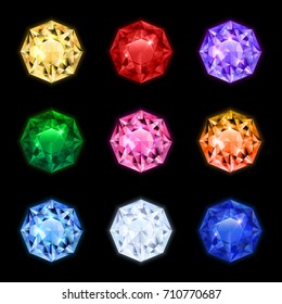 Colored And Isolated Realistic Diamond Gemstone Icon Set In Round Shapes And Different Colors Vector Illustration