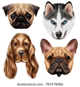 Colored and isolated realistic dog breed icon set with four cute canine muzzles vector illustration
