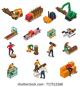 Colored And Isolated Sawmill Timber Mill Lumberjack Isometric Icon Set With Sawmill Worker And His Tools Vector Illustration