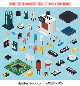Colored isolated semiconductor electronic components isometric icon set with motherboard chips and other elements vector illustration