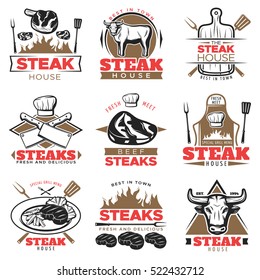 Colored isolated set emblem steak with steak house red descriptions and cows vector illustration