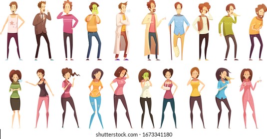 Colored isolated sickness people retro cartoon icon set with different styles and ages people vector illustration.