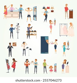 Colored and isolated trying shop flat people icon set with trying on clothes in store