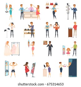 Colored and isolated trying shop flat people icon set with trying on clothes in store vector illustration