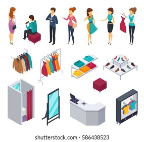 Colored and isolated trying shop isometric people icon set with accessories and elements of shop furniture clothing and visitors vector illustration