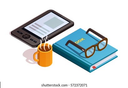 Colored isometirc reading composition with cup of coffee glasses and book electronic and paper vector illustration