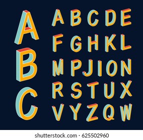 Colored isometric 3d font. Memphis style letters. Three-dimensional alphabet. Low poly characters. Vector illustration 10eps