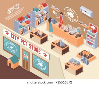 Colored Isometric 3d Pet Shop Composition With City Pet Store And Visitors Vector Illustration