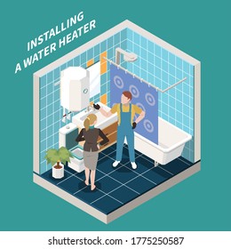 Colored And Isometric 3d Plumber Composition With Installing A Water Heater Description Vector Illustration