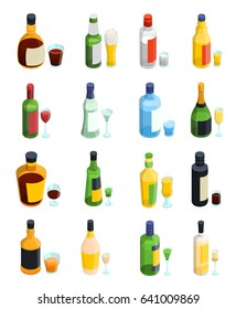 Colored isometric alcohol icon set with isolated bottles and different kinds of glass goblets vector illustration