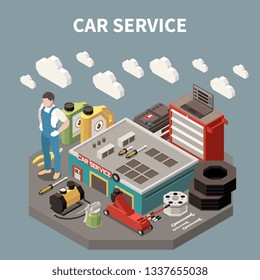 Colored isometric car service composition with worker man at the work and equipment tools vector illustration