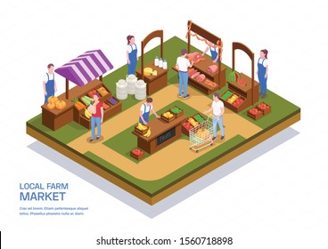 Colored isometric composition with farmers selling fresh meat fruit vegetables and milk products at local farm market 3d vector illustration