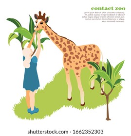 Farbige und isometrische Kontaktzoo-Komposition Mädchenfutter-Giraffe auf der Vektorillustration des Zoos