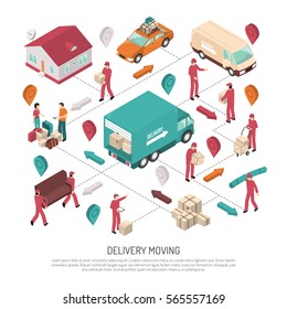 Colored Isometric Delivery Moving Composition With Path And Ways Of Delivery By Workers Vector Illustration