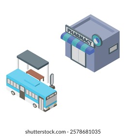 Colored isometric design depicting a bus and a pharmacy at a bus stop.Design material without main lines.